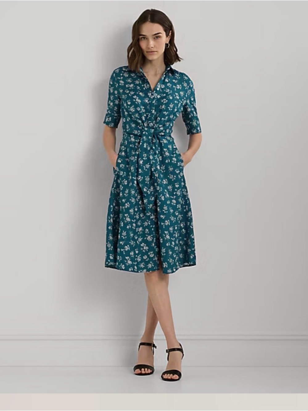 Ralph Lauren Linen Teal Floral Tie-Waist Shirt Dress